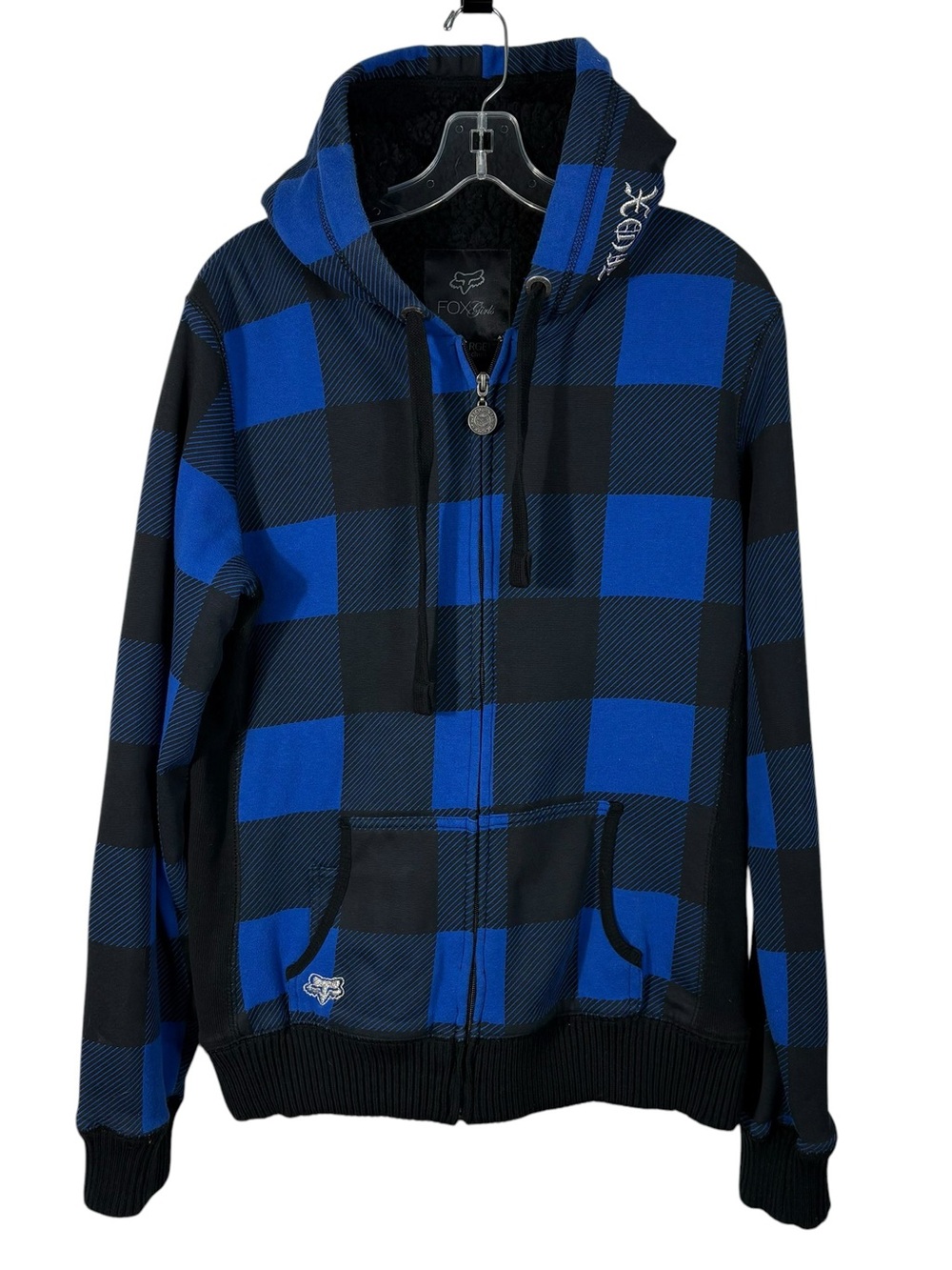 Vintage Y2K Fox Racing Blue Black Plaid Sherpa Fur Trim Metallic Logo Jacket XL